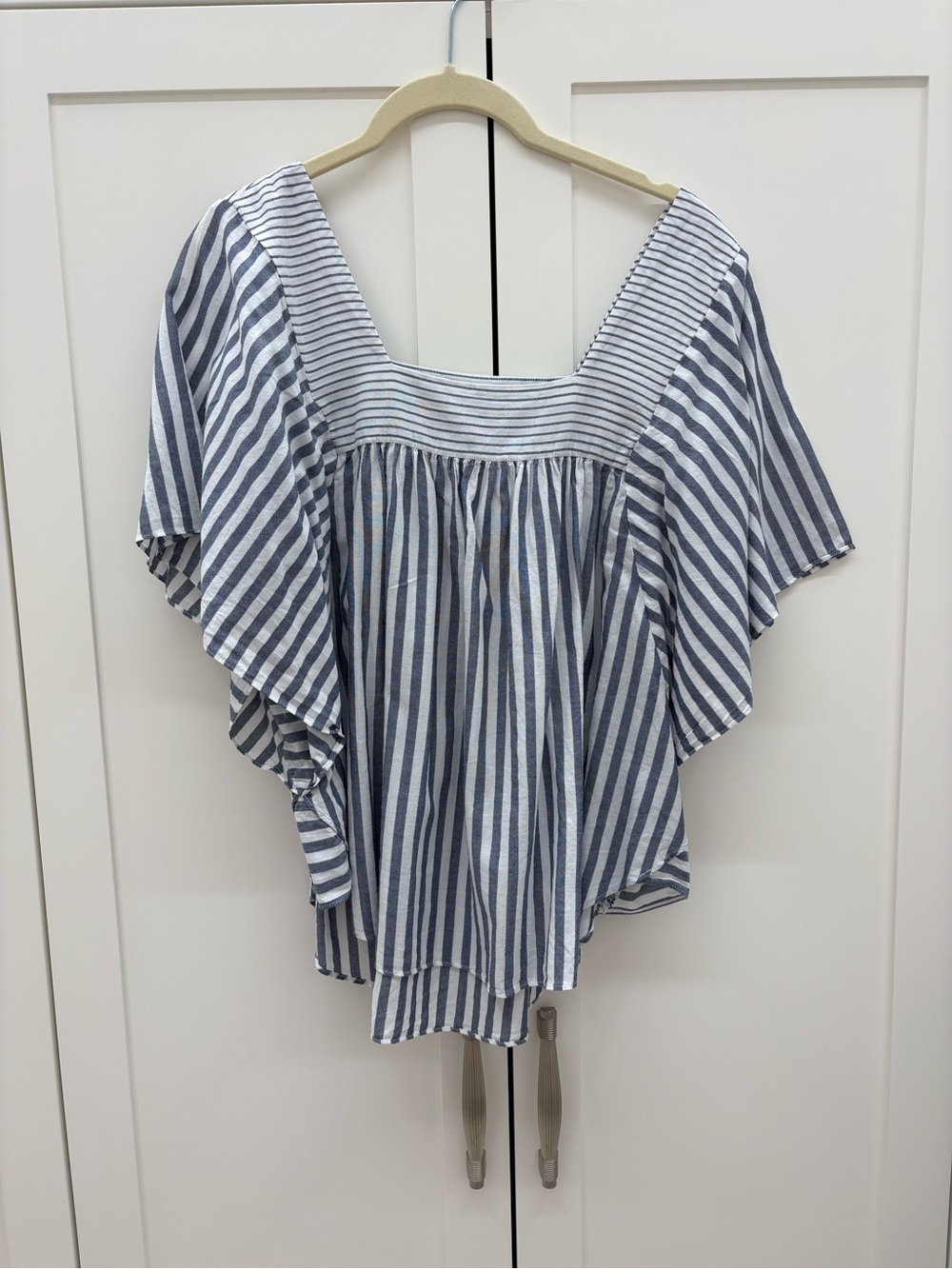Striped Blue and White Square-Neck Flutter Sleeve Top